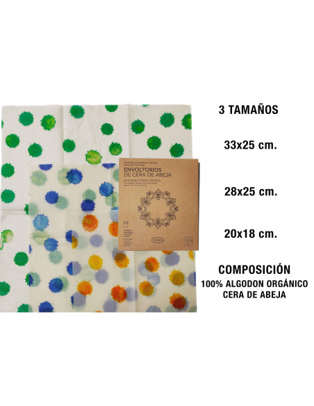 Irisana - ENVOLTORIO DE CERA DE ABEJA 100% ALGODON ORGANICO 3 TAMAÑOS 72.IR113