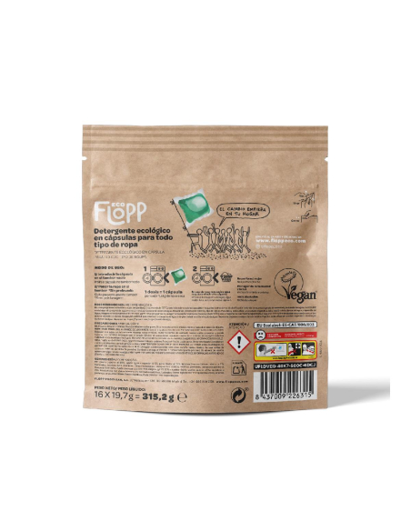 Flopp - FLOPP DETERGENTE  ECOLÓGICO TODO TIPO DE ROPA 16 CÁPSULAS DOYPACK - ECOLABEL