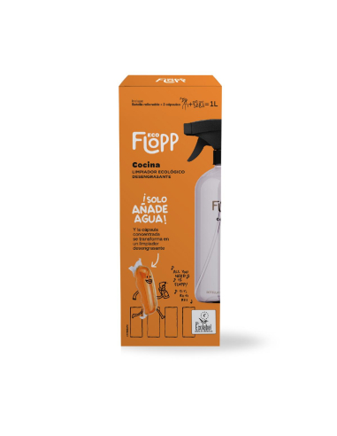 Flopp - FLOPP COCINA PACK INICIAL LIMPIADOR ECOLÓGICO DESENGRASANTE BOTELLA SPRAY + 2 CÁPSULAS CONCENTRADAS - ECOLABEL